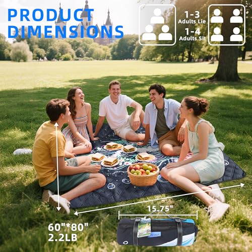 60x80” Double Thickened Picnic Blankets(150g High Density Cotton Stuffed) Jellyfish Pattern Outdoor Picnic Mat Portable Picnic Blanket Foldable with Leather Carry Strap Beach Blanket - color: Jellyfish, size: 60"x80"
