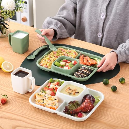 Unbreakable Rectangular Divided Plates for Adults 4 Sections Portion Control Plates Set of 2 Plastic Dinner Plate for Camping Outdoor or Every Day Use - color: Style 2 Green, size: 10.5*8.5 Inch