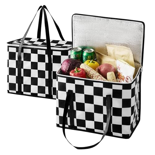 Ohocut Checkered Insulated Grocery Bags 2 Pack, Checkerboard Cooler Shopping Bags for Groceries, Insulated Bags for Food Delivery - color: Black and White