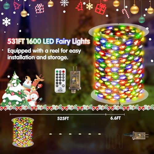 KNONEW 532FT Outdoor Christmas Fairy Lights Plug in,1600 LED String Lights Outdoor Waterproof 8 Modes Memory Times for Wedding Bedroom Walls Garden Trees Decoration(Multicolor) - color: Multicolor, size: 532FT 1600 LED Green Wire
