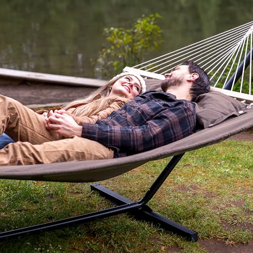 SUNCREAT 55 Inch Extra Large Double Hammock with 12 ft Stand, 475lbs Capacity, Outdoor Portable Hammock with Hardwood Spreader Bar, Extra Large Pillow, Brown - color: Brown, size: 12 ft Stand