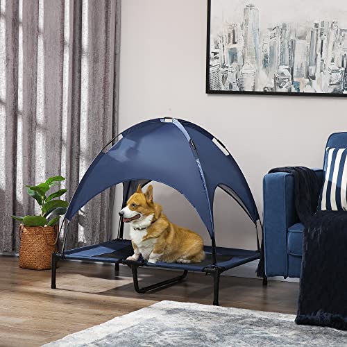 PawHut Elevated Dog Bed with Removable Canopy, Outdoor Dog Cot with UV Protection Canopy Shade, 36 inch Large Pet Bed for Camping, Dark Blue - color: Blue, size: 36 inch