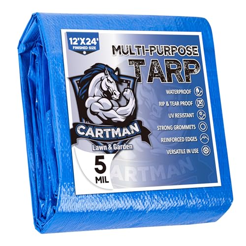 CARTMAN Finished Size 12x24 Feet Blue Poly Tarp 5 Mil Thick, Multipurpose Protective Cover for Camping, Tent, Boat, RV, Car - color: Blue/5mil, size: 12'×24'