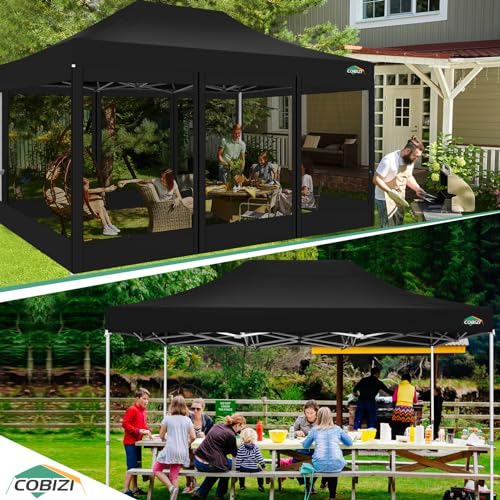 COBIZI 10x15 Heavy Duty Pop up Canopy with 4 Sidewalls, Canopy Tent with Mosquito Netting, Easy up Screen Party Tents for Parties Wedding Patio Backyard Commercial Gazebo with Handbag, Black - color: Black, size: 10x15ft(standard)