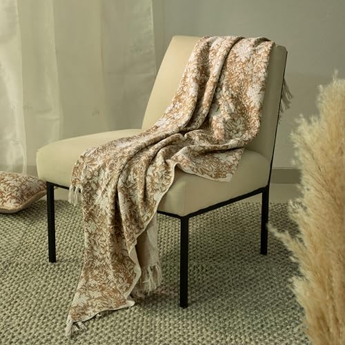 100% Pure Cotton Handblock Printed Throw Blanket, Soft 50" x 60" Fringed Floral Print Throw for Couch, Sofa, Chair, Bed - Cozy, Machine Washable, Comfortable Home Decor - color: Floral Cider Brown