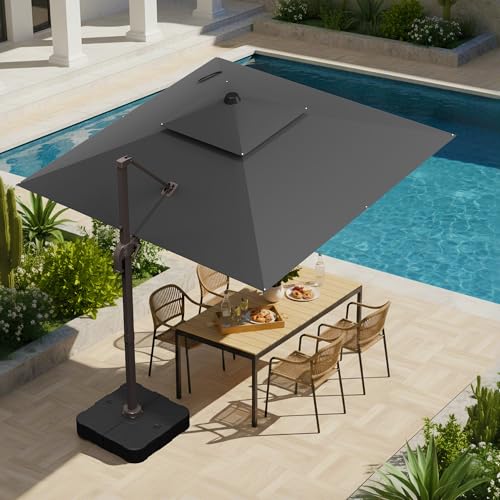 10x10 FT Patio Umbrella with Base, Large Cantilever Double Top Heavy Duty Offset Umbrellas with 360° Rotation, Outdoor shade for Garden Deck Pool, Grey - color: Gray, size: 10x10 FT with Base