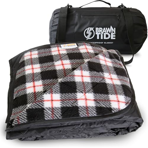 BRAWNTIDE Large Outdoor Waterproof Blanket - Extra Thick Fleece, Warm, Windproof, Sandproof, Quilted, 82" x 55", Ideal for Beaches, Picnics, Camping, Stadiums, Dogs, Car - color: Plaid Black