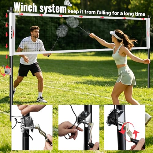 Backyard Badminton Set: Portable Outdoor Net with 4 Performance Rackets, 3 Shuttlecocks & Boundary Line - Complete Heavy-Duty Set for Family Lawn, Grass & Beach Games - color: White