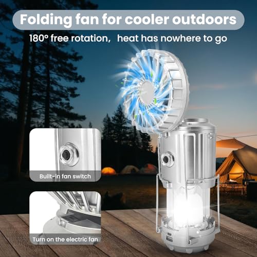 Solar Camping Lantern with Fan, Collapsible USB Rechargeable & Battery Powered Emergency Hanging Lights for Camping Tent Hurricanes Power Outages Storm Indoor Outdoor (Upgraded, 1 Pack) - style: Casual-Silver gray
