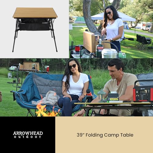 ARROWHEAD OUTDOOR 2-Pack 39" Aluminum Folding Camp Roll Up Table w/Adjustable Height, Undertable Mesh Storage, Carry Bag - color: Wood Grain 2pack