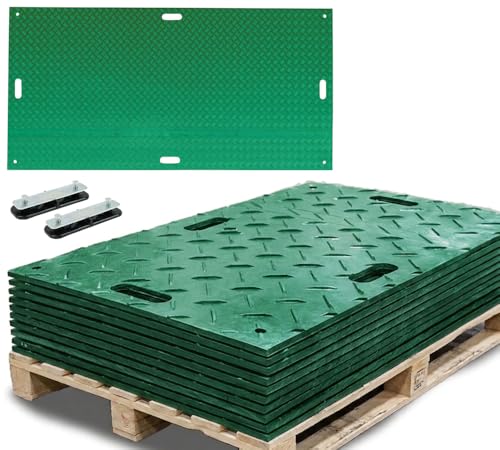 Mytee Products 4 Pack 3' x 8' Green Ground Protection Mats w/Double Sided Diamond Plated Tread Design & 6 Pcs Single Connectors - Polyethylene Mat, Easily Supports 90 Ton Loads on Lawns, Dirt - color: Green, size: 4 - Pack