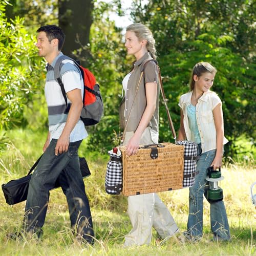 Picnic Basket for 2 with Blanket, Willow Picnic Basket Set with Shoulder Strap&Wine Pouch, Large Willow Hamper with Insulated Cooler for Outdoor, Camping, Beach, Couples, Wedding Gift - color: Black and White Grid