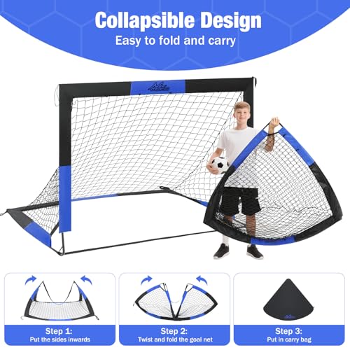 MoKo Soccer Goals for Backyard, 5×4 FT Large Size Pop Up Goal Net with Target Panel, Portable Soccer Training Equipment for Kids Practice, Outdoor Sports Game, Black+Blue