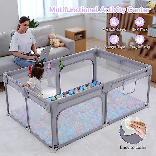 Dripex Large Baby Playpen 71"x47", Big Play Pens for Babies and Toddlers- Indoor & Outdoor Kids Safe Play Area, Soft Breathable Visible Mesh, Anti-Fall & Anti-Slip Design Baby Fence, Grey - color: Grey, size: 71"×47"