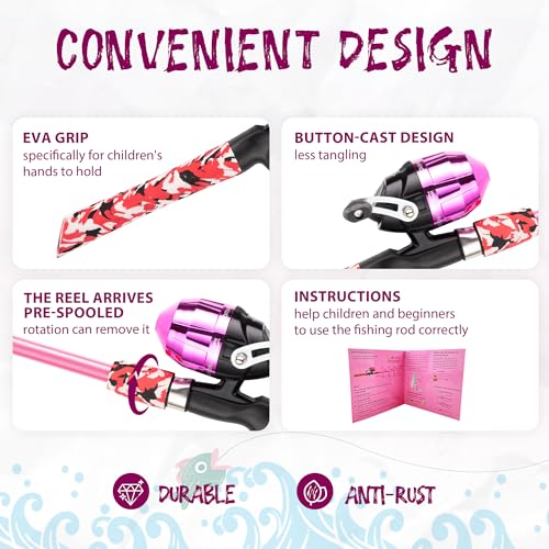 WIDDEN Kids Fishing Pole, Portable Telescopic Kids Fishing Poles for Boys and Girls, Fishing Rod and Reel Combo Kit with Tackle Box, and Fishing Net, Best Fishing Pole for Toddler Youth - color: PINK