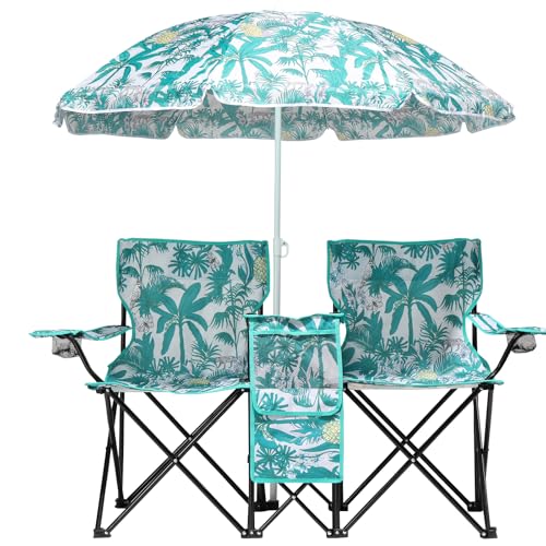Double Folding Camping Chair W/Umbrella Fold Up Table Beverage Holder Carrying Bag Cooler for Patio Pool Park Outdoor Beach, Picnic, Portable (Pineapple) - color: Pineapple