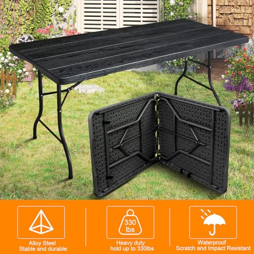 6ft Folding Table, Portable Heavy Duty Plastic Fold-in-Half Utility Table for Indoor/Outdoor Use, Dining, Camping, Picnic, Party, Black Woodgrain - color: Black Woodgrain