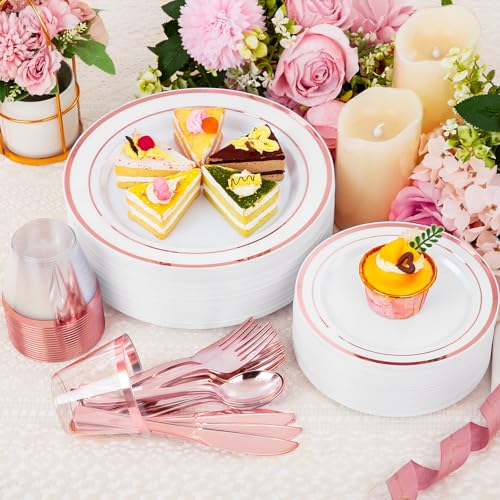 WELLIFE 300 PCS Rose Gold Dinnerware Set for 50 Guests, Valentine's Day Plate, 50 Dinner & Salad Plates,Cups, Forks Knives Spoons for Wedding Reception and Mothers Day Plates - color: Rose Gold, size: 50 Guests