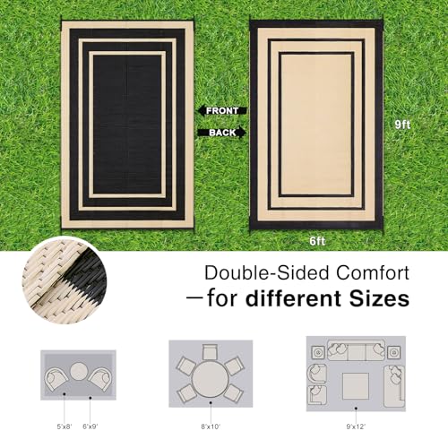 OLANLY Outdoor Rug 6x9 ft Waterproof, Reversible Outdoor Plastic Straw Rug, RV Mat, Indoor Outdoor Carpet Clearance for Patio, Camping, Balcony, Deck, Backyard, Black & Beige - color: Black & Beige, size: 6' X 9' (Rectangular)