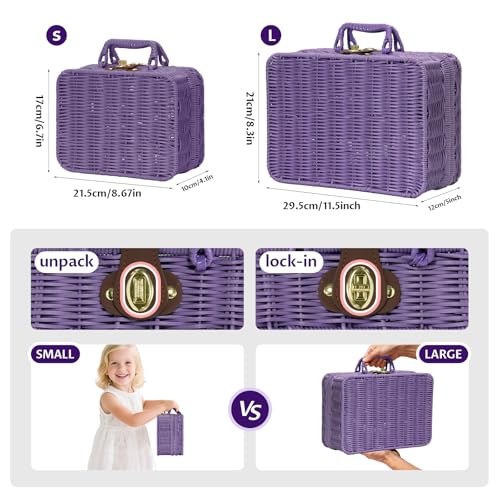 Mini Wicker Picnic Basket, Decorative Prop Suitcase Vintage Storage Hamper Makeup Organizer, 11.5" Metal Lock Rattan Storage Box with Handles for Sundries Travel Camping and Outdoor Party (Purple, L) - color: Purple, size: Large