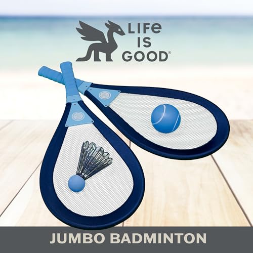 Life is Good Jumbo Badminton Set for Ages 6+ (Darkest Blue/Cool Blue), Oversized Paddles Lawn Game for Outdoor Sports, 2-Player Badminton Paddle Kit for Backyard, Beach, and Family Fun - color: Darkest Blue/Cool Blue
