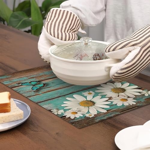 Placemats Set of 6,White Daisy Table Mats, Vintage Wood Washable Linen Table Mats,Non-Slip Heat Resistant Placemats for Party Kitchen Dining Indoor Outdoor 12"x18" - color: White Daisy, Vintage Wood