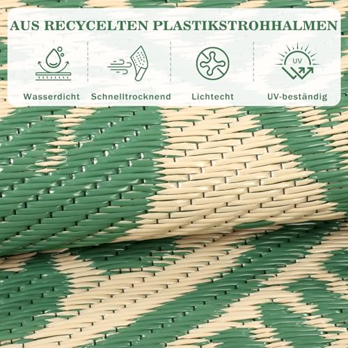 6ft Round Waterproof Outdoor Patio Rug, Reversible Eco-Friendly Plastic Woven Rug, Boho Floral Pattern All-Weather Mat & Picnic Mat for RV, Camping, Deck, Porch, Backyard and Garden, Green - color: Green Flower, size: 6' (Round)