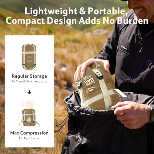 Naturehike Lightweight Compact Sleeping Bag, 59℉/32℉ Envelope Ultralight Backpacking Sleeping Bag Portable, Waterproof with Compression Sack for Cold&Warm, Camping, Traveling, Hiking - color: Brown