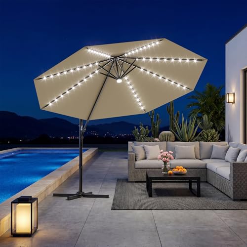 Patiowell 10 FT Patio Umbrella with Solar LED Light, Outdoor Cantilever Umbrella with 360 Degree Rotation, Outside Large Round Sun Umbrella with Frame for Backyard Garden Poolside, Beige - color: Beige with Light, size: 10 FT