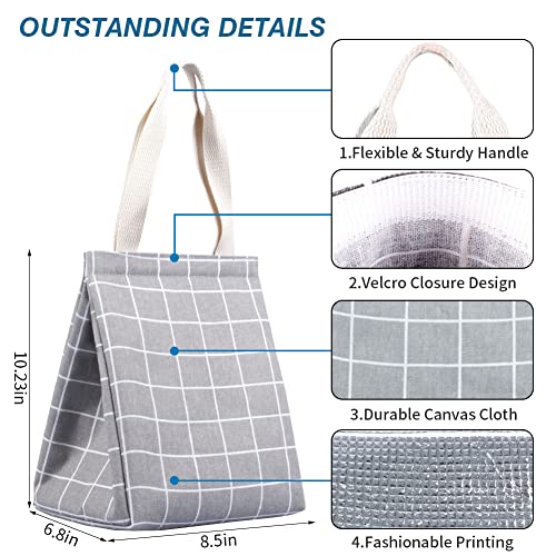 iknoe Insulated Lunch Bag for Women & Adults, 9L Foldable Wide-Open Cooler Bag with Pockets, Leakproof & Portable, for Picnic, Office, Beach(Gray grid) - color: Grey Plaid, size: Velcro Closure