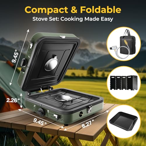 Camping Stove, 2 Burner Propane Stove With Grill,17,000 BTU Camp Stove, Foldable Camping Stove Propane Includes Carry Bag,Windscreen & Grill,Adjustable Burners & Piezo Ignition for Tailgating,BBQ,Camp - color: Green