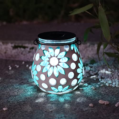 Afirst Mosaic Solar Lanterns Outdoor - Glass Hanging Solar Lights Hollow Out Waterproof Table Lamp Outdoor Decorative for Garden, Patio, Holiday Party Outdoor Decoration - style: Blue daisy