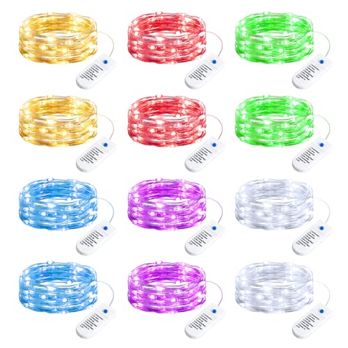 Minetom 12 Pack Fairy Lights Battery Operated String Lights 8 Modes, 7ft 20LED 6 Colors Waterproof Silver Wire Twinkle Lights, Firefly Starry Moon Lights for Mason Jars DIY Christmas Wedding Party - color: 6 colors, size: 12 Pack