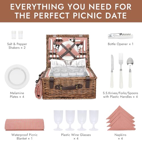 Picnic Basket Set for 4 Persons with Cooler and Waterproof Picnic Blanket, Classical Wicker Picnic Baskets with Waterproof & Sand-Proof Beach Mat,Willow Hamper Service Gift Set - size: 15.55" for 4 Persons with Cooler