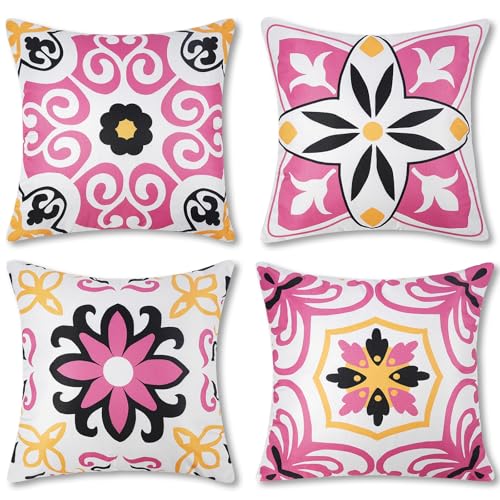 Pyonic Black Hot Pink Outdoor Pillows Waterproof Throw Pillow Covers Set of 4 Floral Printed and Boho Farmhouse Outdoor Pillow Covers for Patio Funiture Garden 18x18 Inch - color: Black Pink, size: 18" x 18" (Pack of 4)