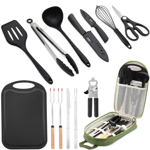 Wesqunie Camping Essentials Cookware Cooking Utensils Set - Portable Camp Kitchen Mess Kit Outdoor Accessories, Stainless Steel & Silicone, Camping Gear Equipment for RV Picnic Grill, 14PCS Green - color: 14PCS Green