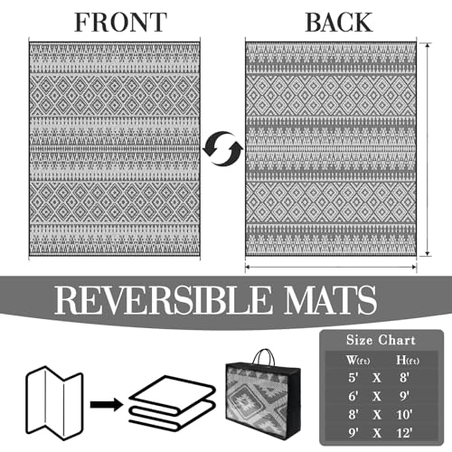 UPGRADE Waterproof Outdoor Rug 8x10 ft, Reversible Plastic Patio Rug, UV Resistant Straw Camping Mat with Carry Bag for RV Beach Deck Backyard, Black & White - color: Black & White, size: 8' x 10'