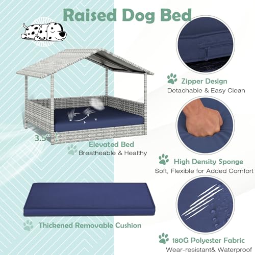 Wicker Dog House Outdoor, Waterproof HDPE Dog Bed with Canopy, Raised Dog Cot Pet House, Elevated Dogs Sofa Tent, Soft Cushion w/Removable& Washable Cushion Cover - style: Navy Blue