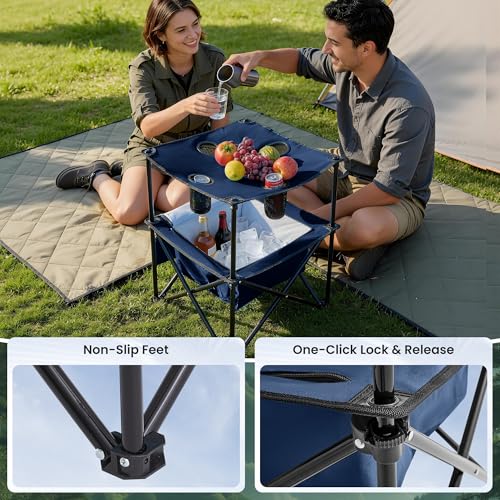 Portable Outdoor Folding Camping Table with 4 Cup Holders & Cooler Compartment, Waterproof Picnic Table for Picnic, BBQ, Beach, Hiking (Navy Blue) - color: Navy Blue