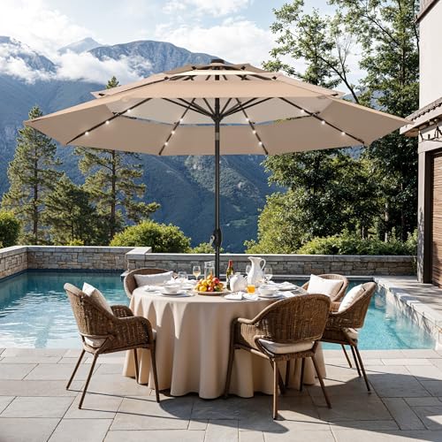 Sophia & William 10ft Patio Umbrellas 3-Tier Umbrella Outdoor Patio Umbrellas with Lights Vented Top 24 LED lights Adjustable Tilt for Pool Garden Backyard, Mixed Beige - color: Mixed Beige