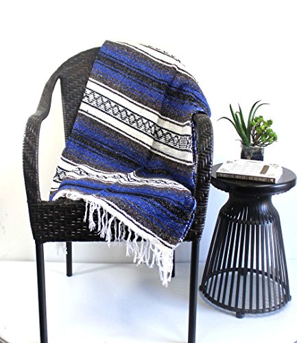 Del Mex Classic Mexican Blanket, Large Authentic Woven Falsa Throw (70"x50"), Artisan Southwest Décor for Beach, Yoga, Outdoors (Blue) - color: Blue