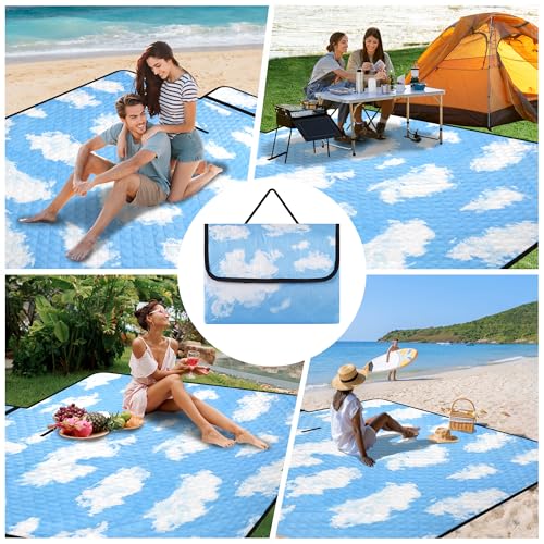 Picnic Blankets, 79''x79'' Extra Large Beach Blanket Waterproof Sandproof, Foldable & Portable Outdoor Mat 3-Layer Beach Blanket for Family Camping, Park, Travel, Backyard, Grass Lawn-Clouds