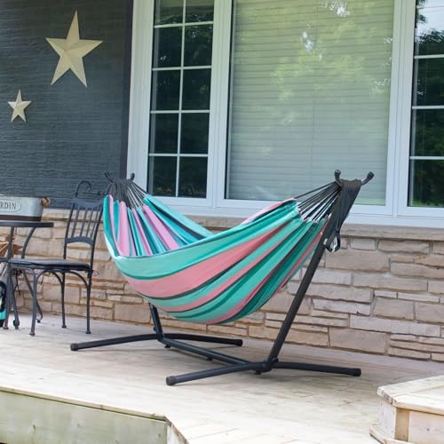 Vivere Double Cotton Hammock with Space Saving Steel Stand, Upgraded Polyester End Strings 450 lb Capacity - Premium Carry Bag Included - USA Grown Cotton (Watermelon) - color: Watermelon