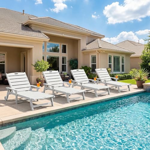 Outdoor Lounge Chair with 5-Position Adjustable, Outside Lounge Chair with Cup Holder, Wheels for Easy Mobility, HDPE Tanning Chair for Poolside, Patio, White - color: White, size: 1pc