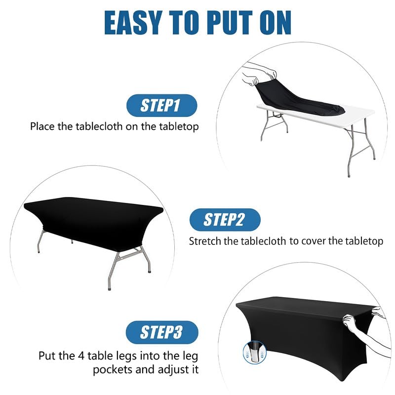 1 Pack 8FT Rectangular Spandex Tablecloth,Wrinkle Resistant Fitted Cover for 96x30 inch Banquet Table Cloth, Washable Stretch Fabric for Party, Events, Wedding, Vendor - Black - color: 8ft-black