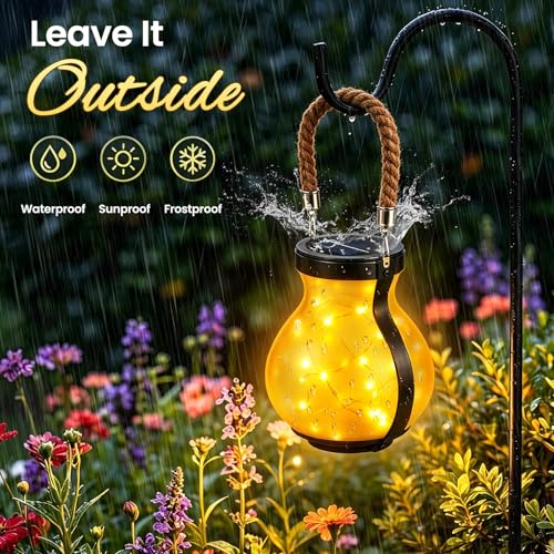 2 Pack Solar Lights Outdoor Waterproof, Round Solar Garden Lights with Hemp Rope Handle, Warm White Starburst Effect LED String Lights for Patio Lawn Decor, Gardening Gifts for Mom Women