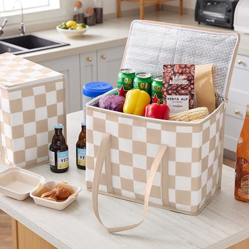 Ohocut Checkered Insulated Grocery Bags 2 Pack, Checkerboard Cooler Shopping Bags for Groceries, Insulated Bags for Food Delivery - color: Beige