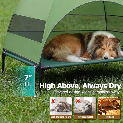 Elevated Dog Bed with UV-Proof Canopy, Outdoor Dog Tent with Powerful Adjustable Feet, Portable Pet Cot with Wider Shade, Raised Cooling Bed for Camping, Patio, Beach, Poolside - color: Green, size: Large: 42.0"L x 30.0"W x 33.0"Th