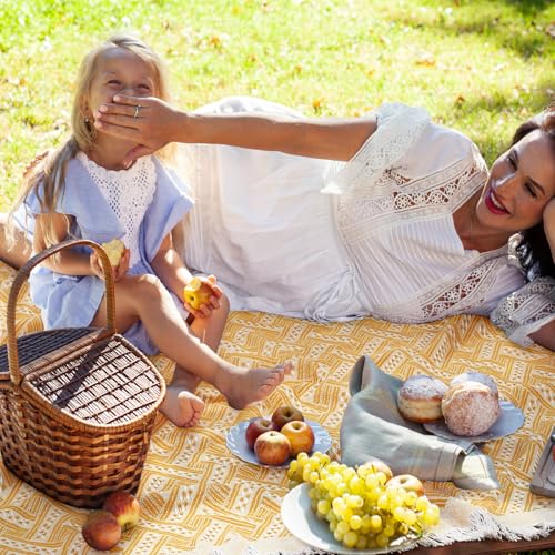 VitalCozy Waterproof Picnic Blankets 71×71 inch Outdoor Blanket Foldable 2 in 1 Double Layer Sandproof Beach Mat with Carry Strap for Camping Lawn Park Beach Grass(Yellow) - color: Yellow White