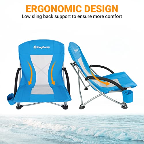 KingCamp Low Beach Chair, High Back Folding Camping Chair for Adults, Oversized Breathable Mesh Seat, 300lbs Heavy Duty Portable Chair with Cup Holder & Storage Pockets for Beach, Outdoor - color: Ergobreeze C Blue 2pcs